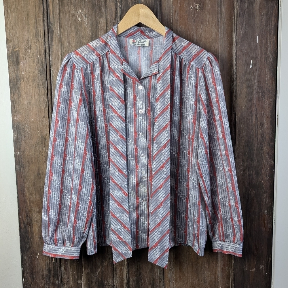 Vintage 70s D'Aillards Tie Neck Blouse Grey Red | Secretarycore | Medium